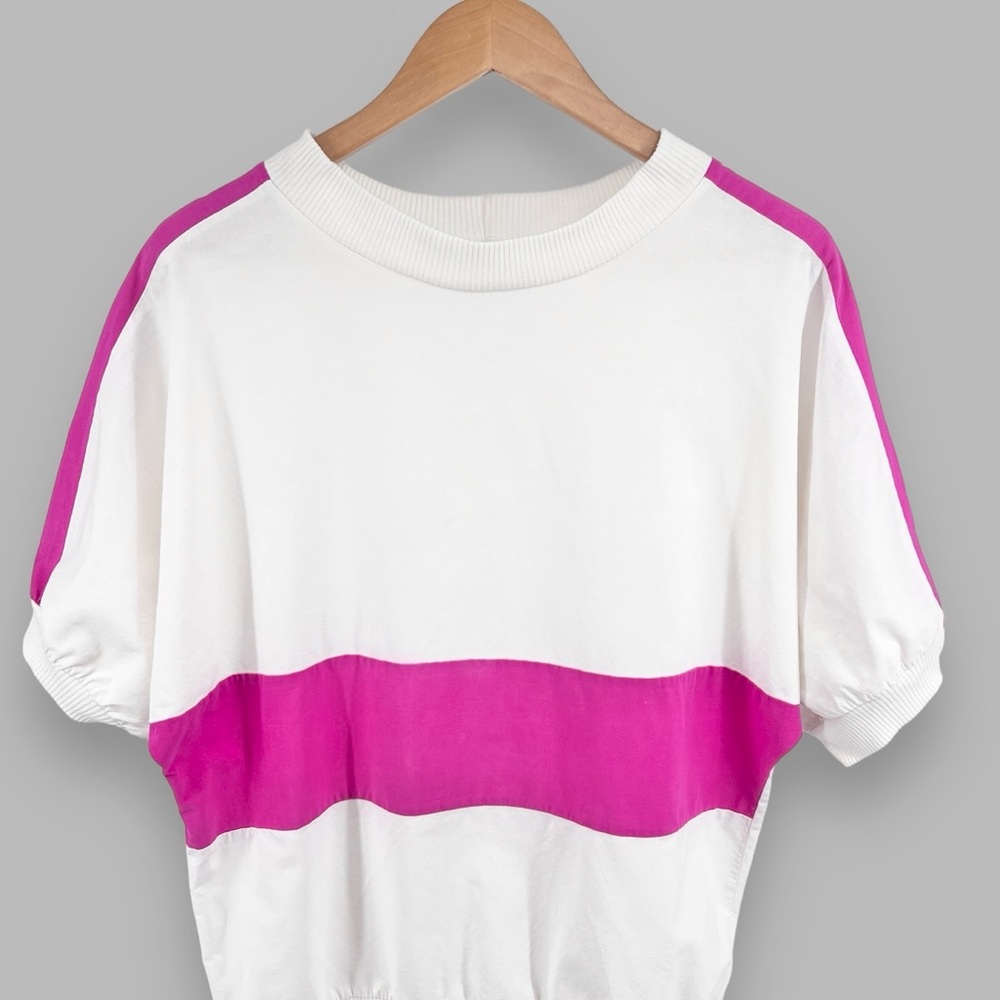 Vintage 80s Asher III Color Block Top Sz M White Pink Cotton Linen Retro Street - Picture 3 of 16